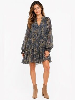 Karlie Size Small Oversized Long Sleeve Paisley Dress - Blue and Green